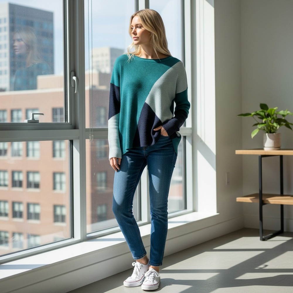 Smartwool Womens Teal Colorblock Ribbed Merino Wool Blend Sweater Size S